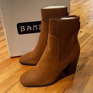 Bamboo deep camel faux suede knit sweater top/sides stacked heel boots. New.